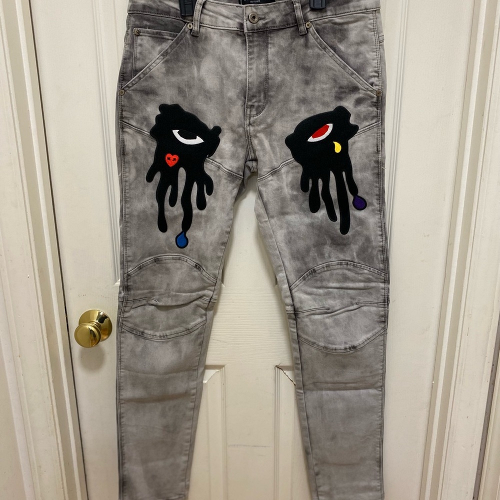 ROKU STUDIO TEAR DRIP DENIM PANTS GREY 32X32